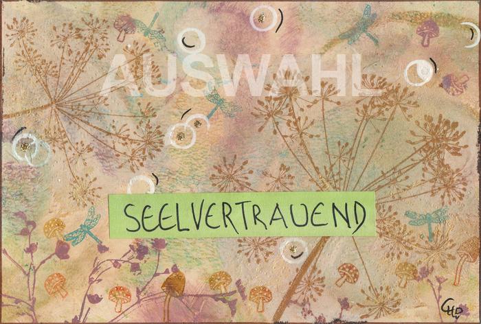 farbig gestaltete Karte mit dem Wort Seelvertrauend